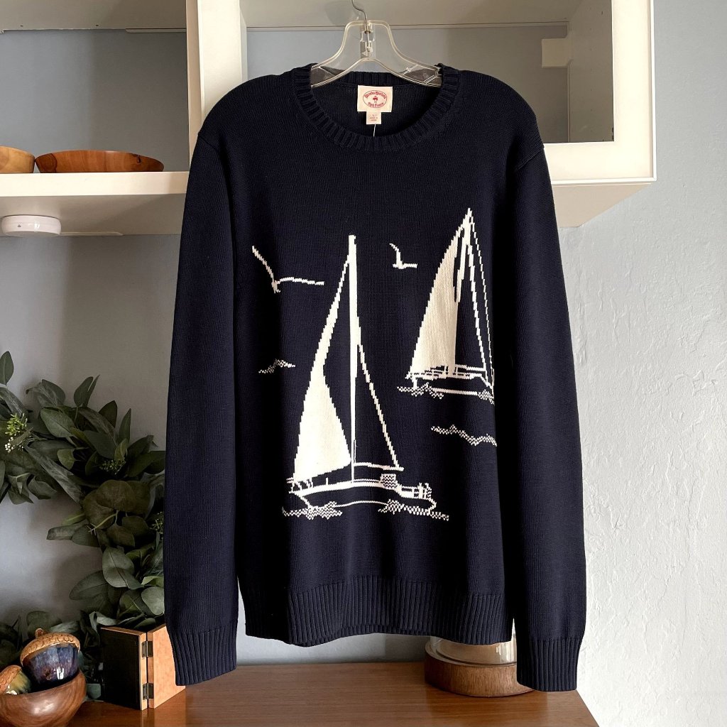 Brooks Brothers Red Fleece Men's Cotton Sailboat Crewneck Sweater Navy Nautical